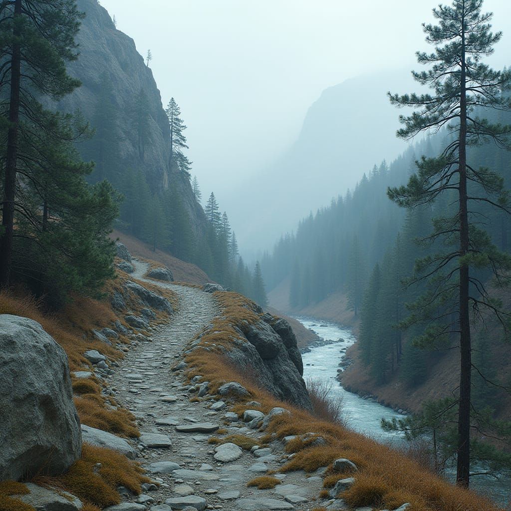 Serene Mountain Path Overlooking Pine Forest
