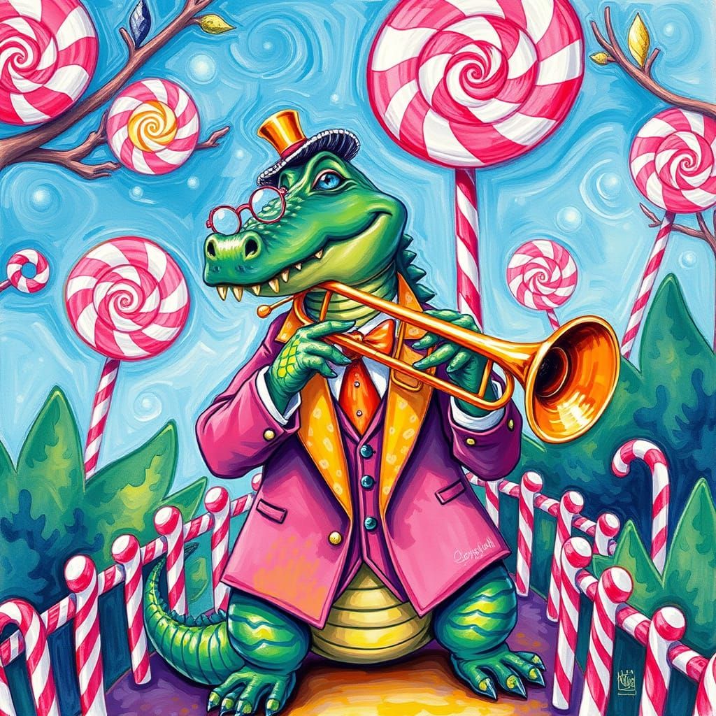 Crocodile Trumpet Player in Candyland, Gouache Style