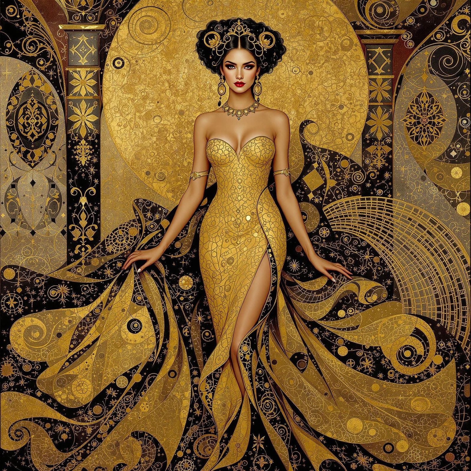 Regal Woman in Opulent Golden Gown in Klimt-Inspired Art