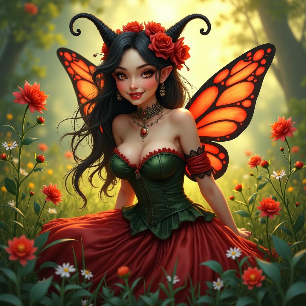 Ladybug Pixie Sorceress in a Lush Meadow
