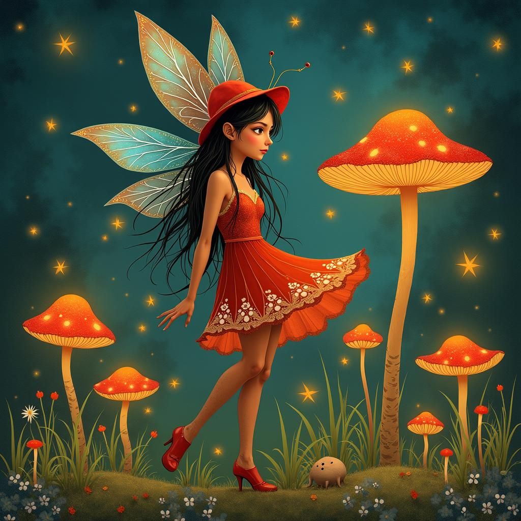 Ladybug Pixie Sorceress in Pre-Raphaelite Style