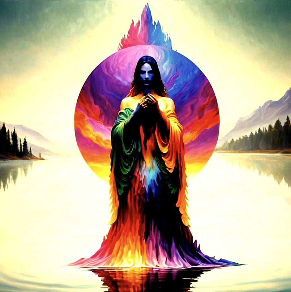 Mystical Figure at Dreamlike Lake in Surreal Oil Painting