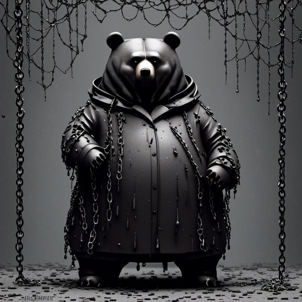 Gothic Bear in Trench Coat: Dark, Sad Photograph