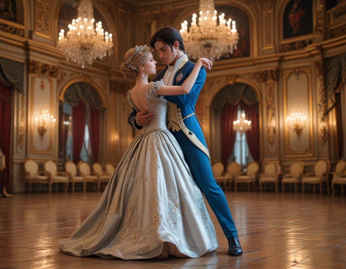 Anime Prince and Princess Waltz in Vibrant Ballroom