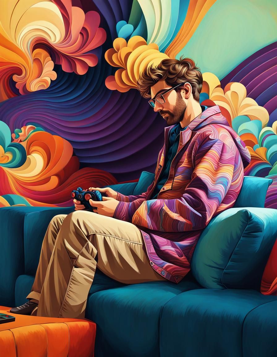 Gamer on Couch in Neo-Impressionist Style