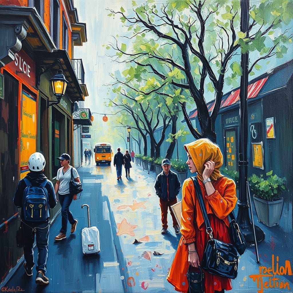 Lively Street Scene in Vibrant Neo-Expressionist Oil Paintin...