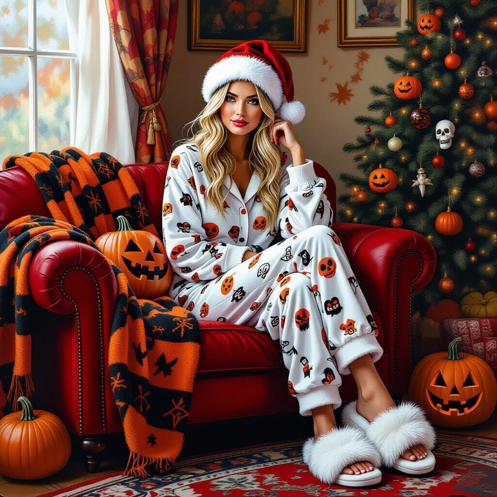 Halloween Lady Relaxing in Cozy Oil Painting