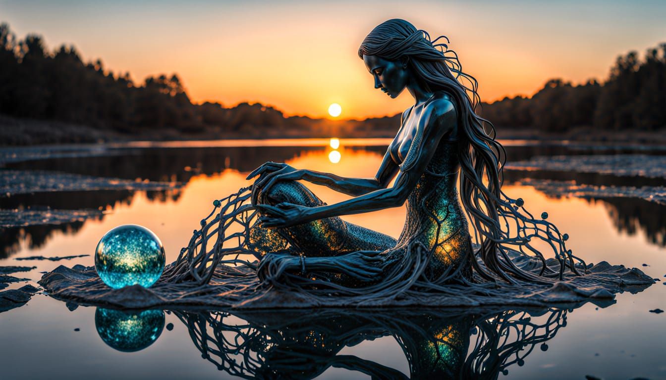 Fragmented Sculpture of Woman at Sunset, Bio Art Style