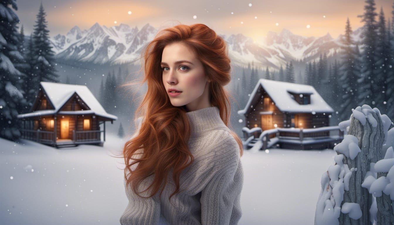 Enchanting Girl in Winter Landscape Photo
