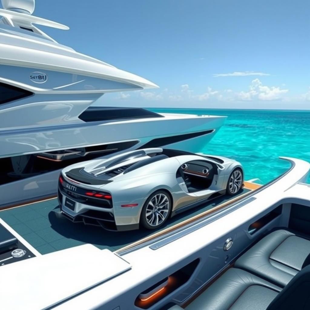 Luxurious Yacht with Bugatti: Futuristic Dreamscape