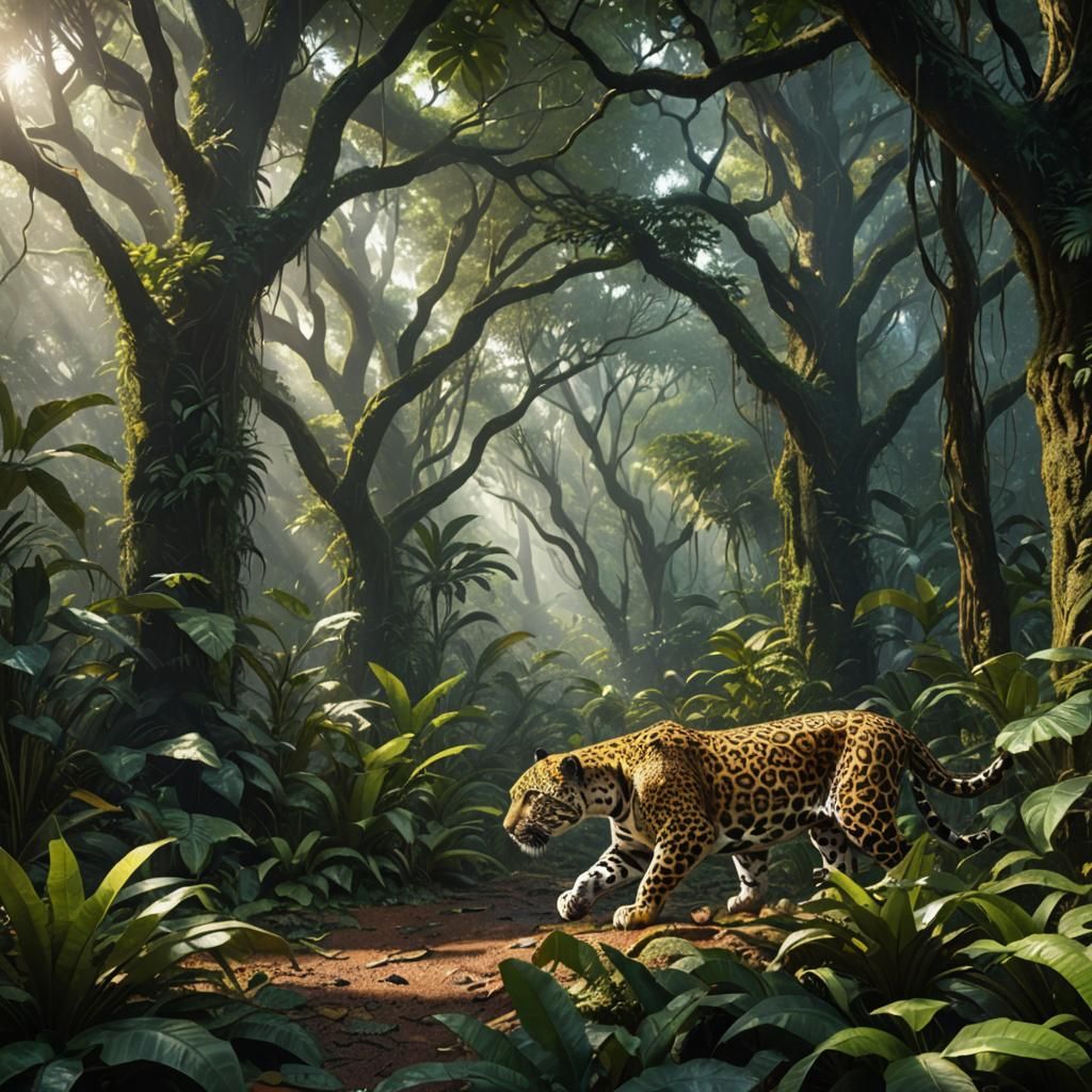 Jaguars in a Dappled Rainforest: Fantasy Concept Art