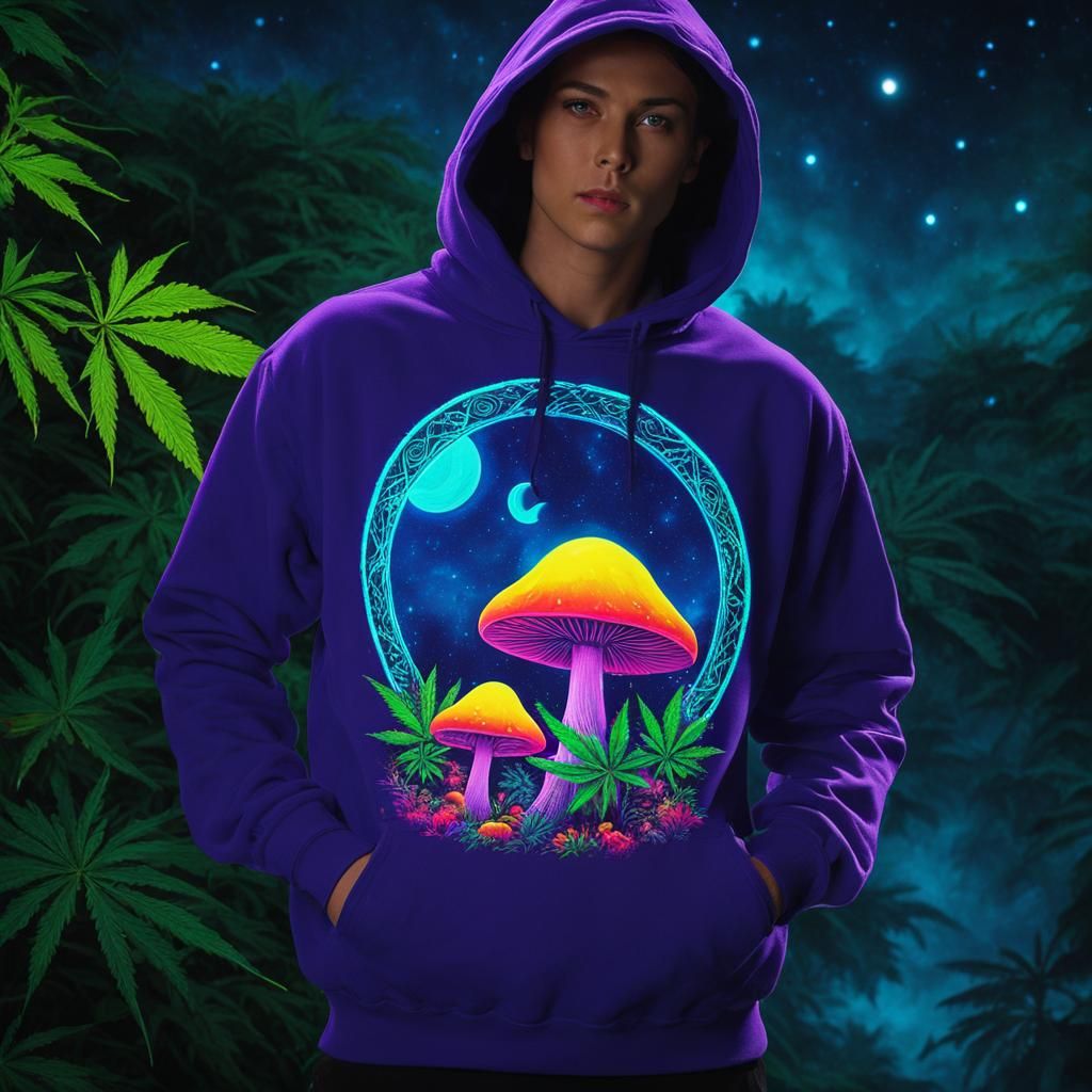 Psychedelic Sweatshirt with Neon Moon and Cannabis Design