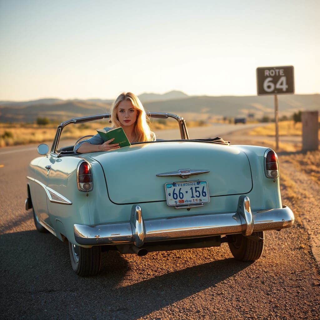 Blonde Woman Reads in Vintage Car on Route 64