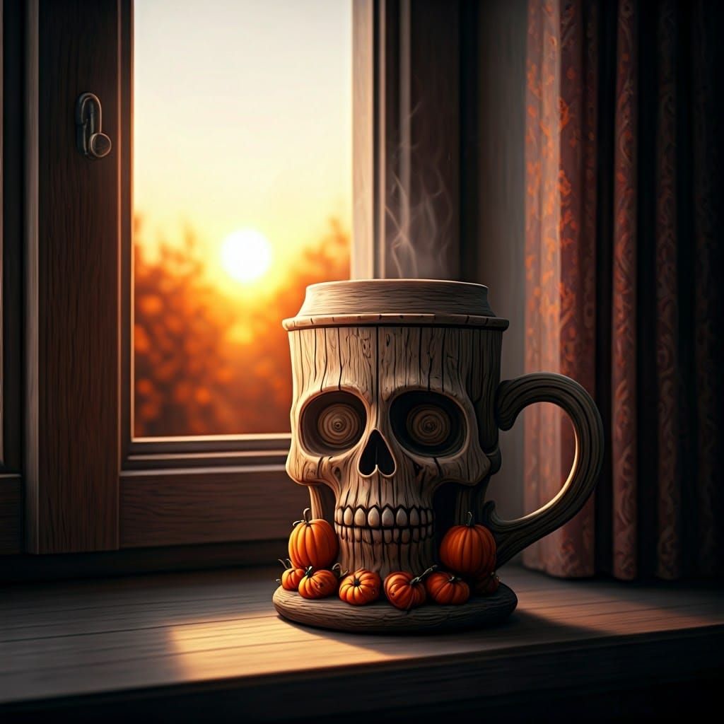 Halloween Skull Mug at Sunrise: Dark and Cinematic