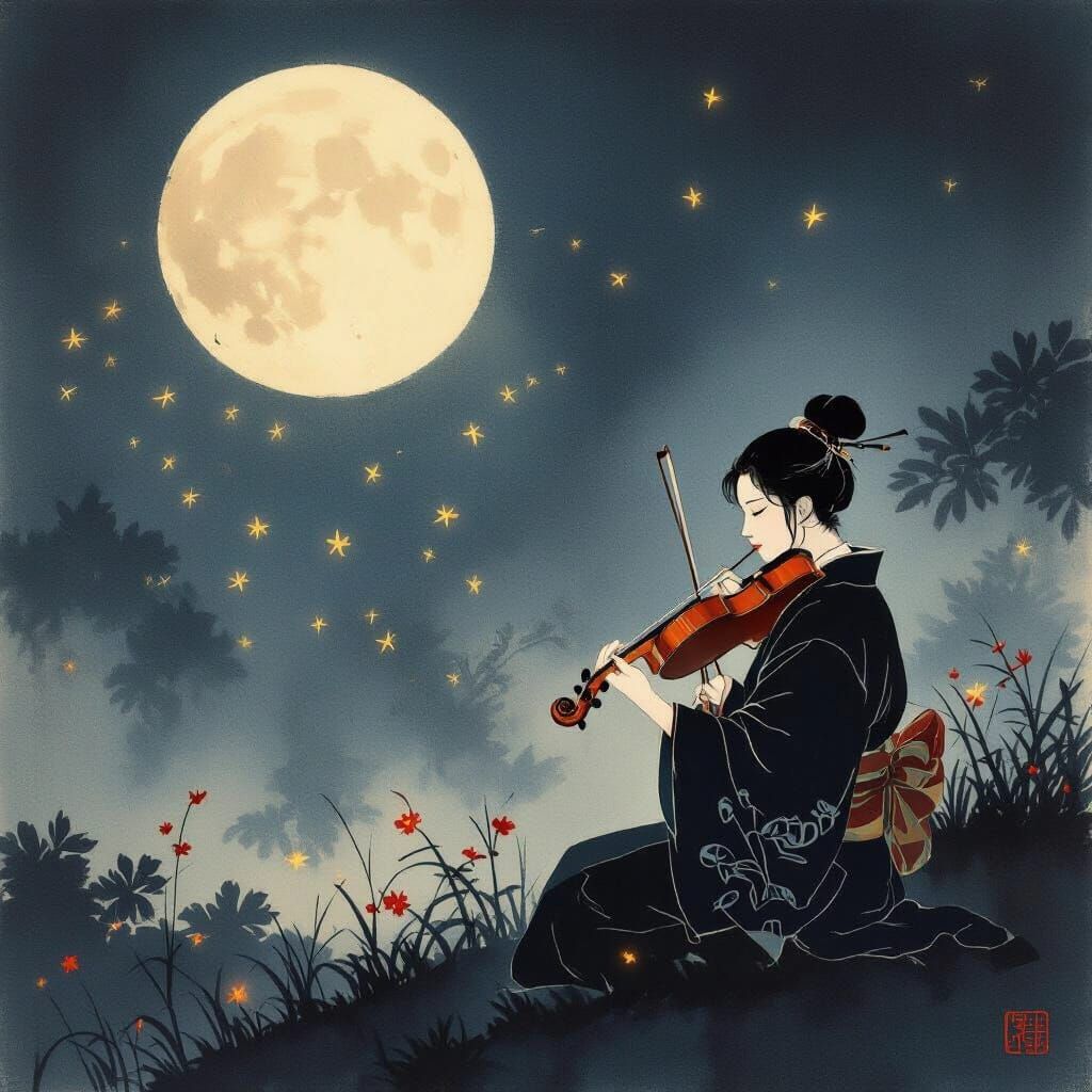Yamato-e Painting of Violin Music on a Summer Night