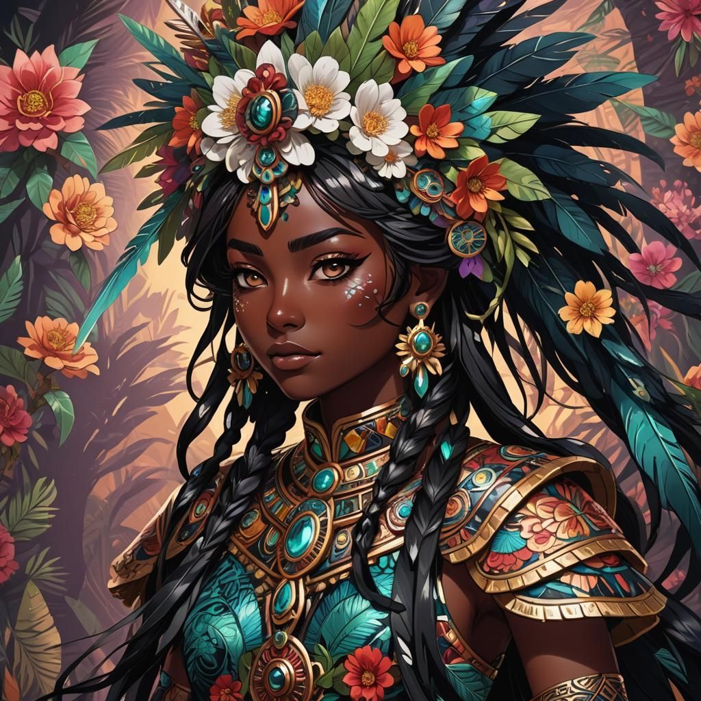 Anime Girl with Obsidian Sword in Mayan Style