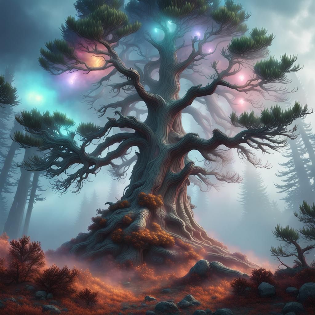 Ethereal Pine Tree in Mysterious Fog