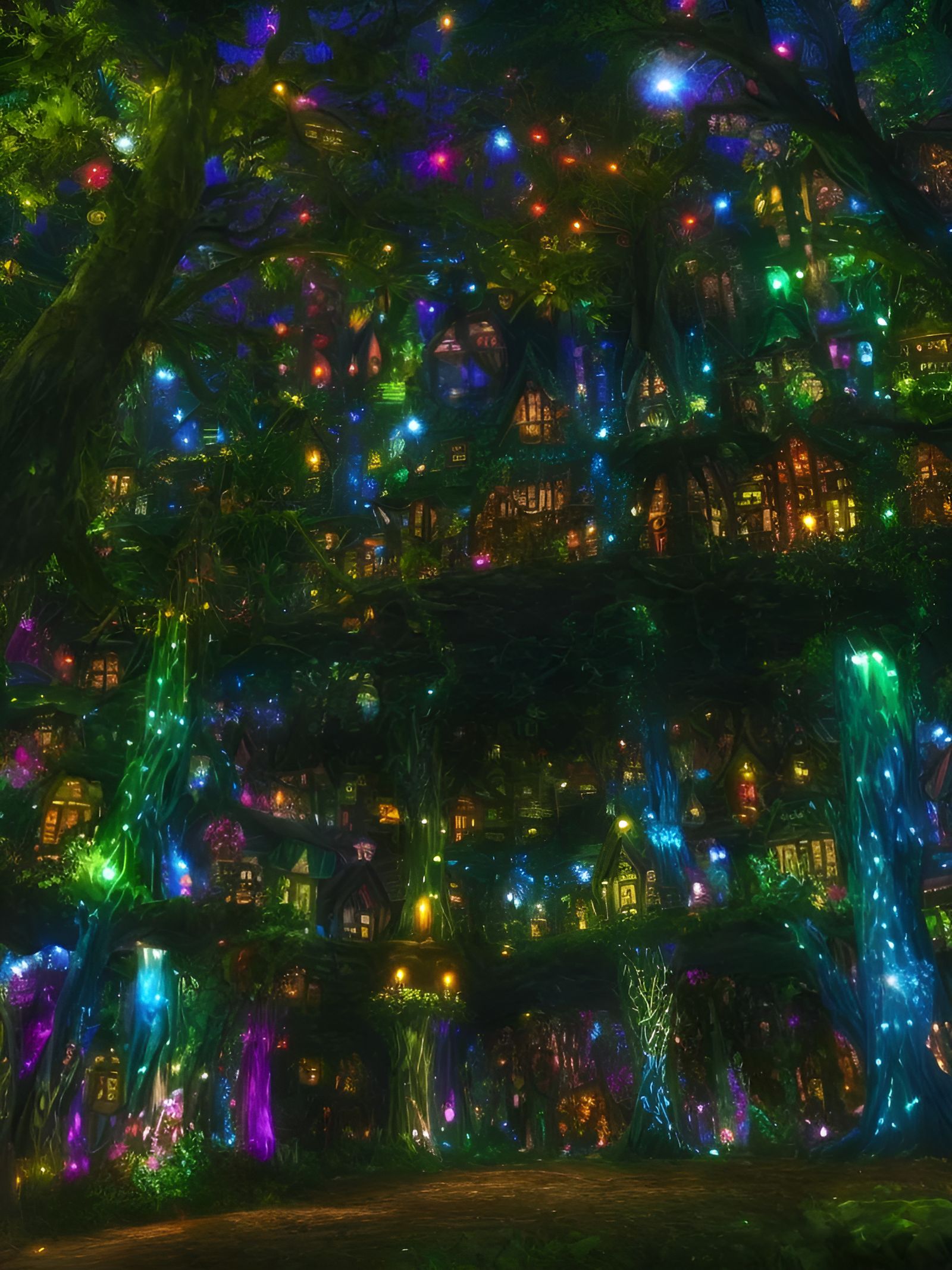 Glowing Tree Village in Dark Fairytale Land
