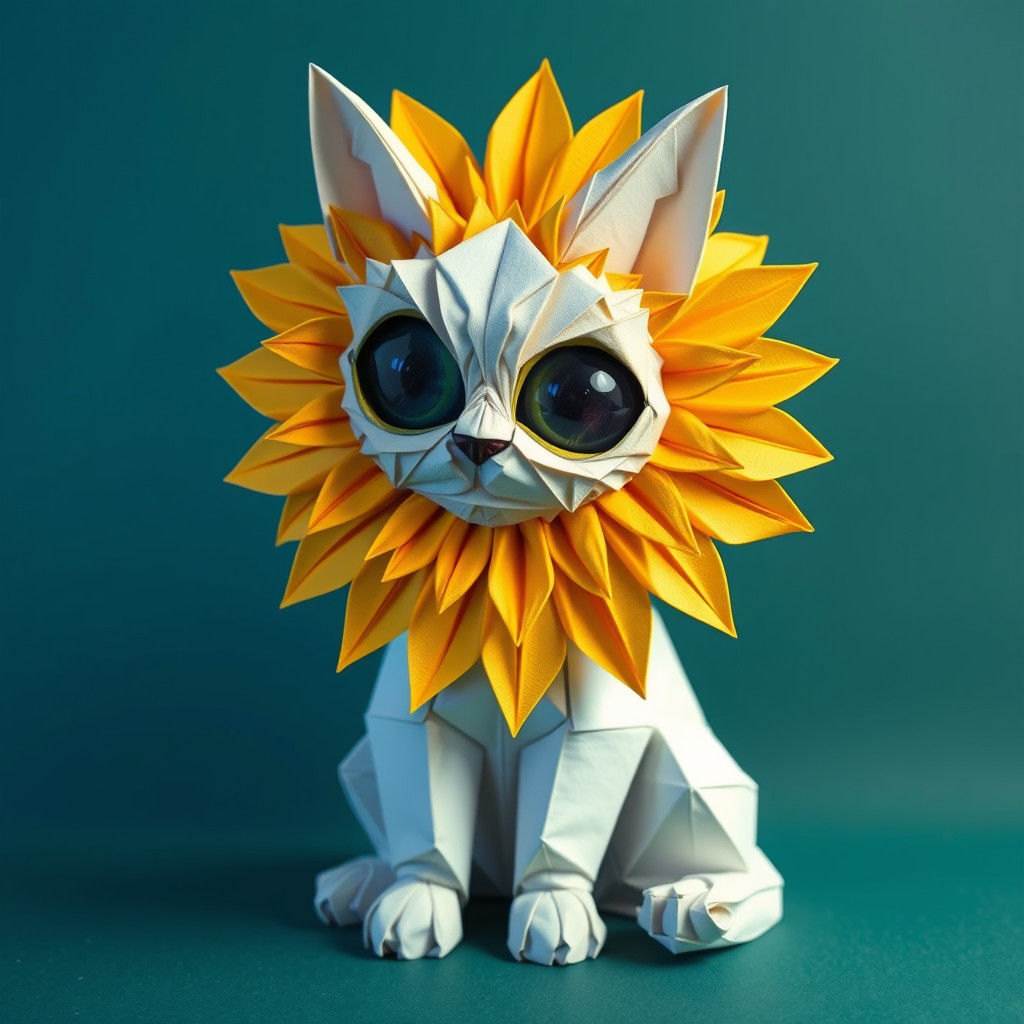 Surreal Origami Sunflower Cat in Dali Style