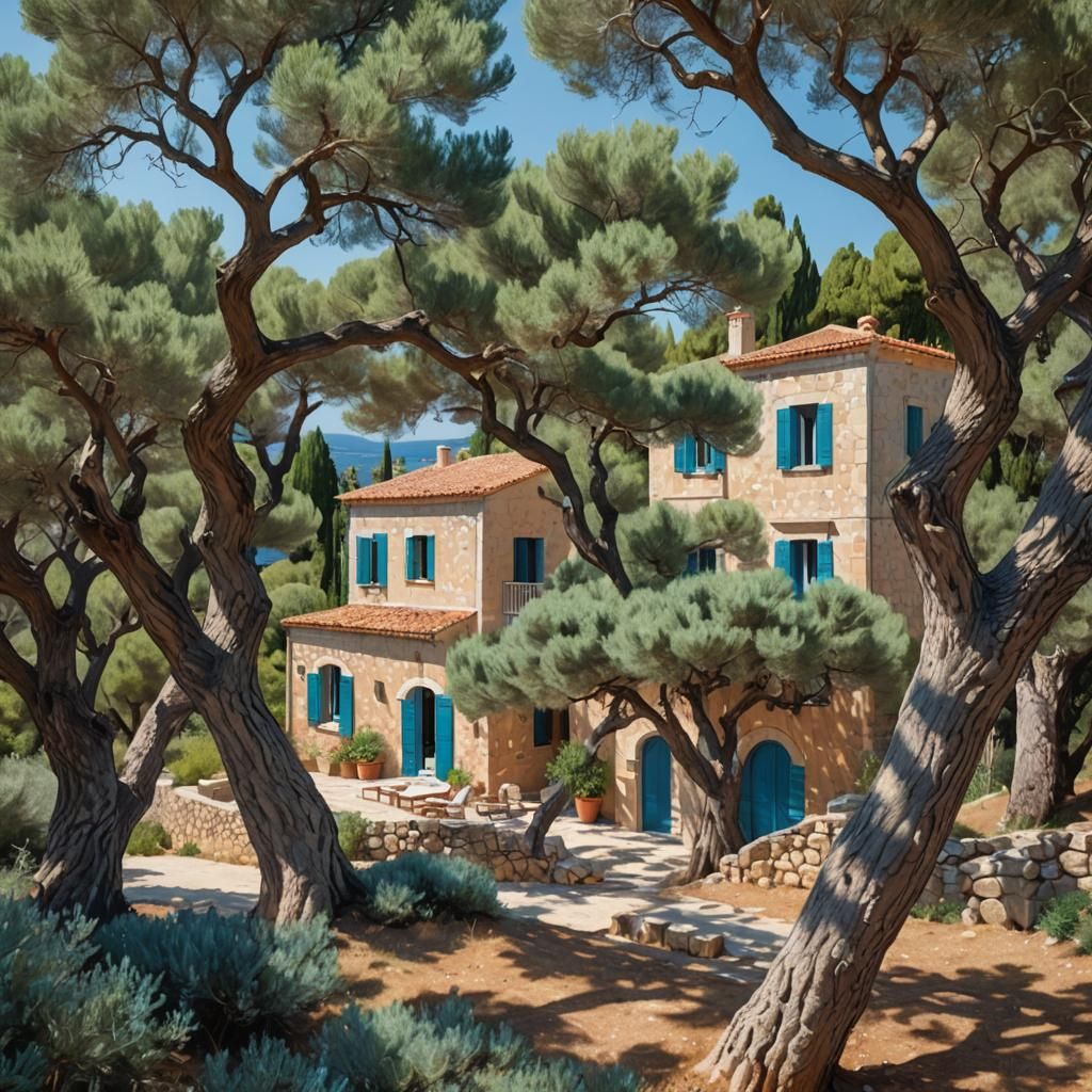 Mediterranean Villa in Cubist Style on Summer Day