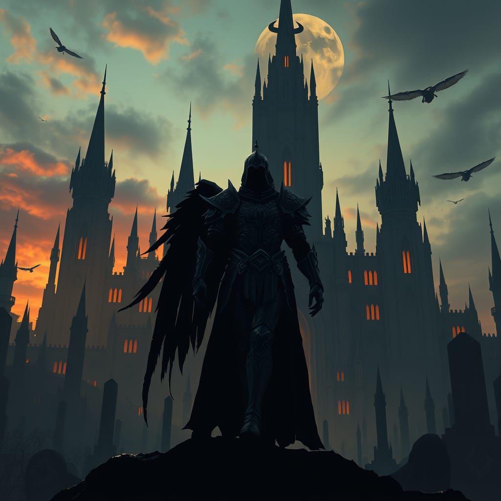 Silhouetted Figure Before Ebon Citadel of the Everlasting Su...