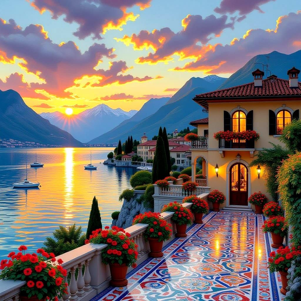 Italian Villa Oasis with Mosaic Tiles and Sunset Reflections