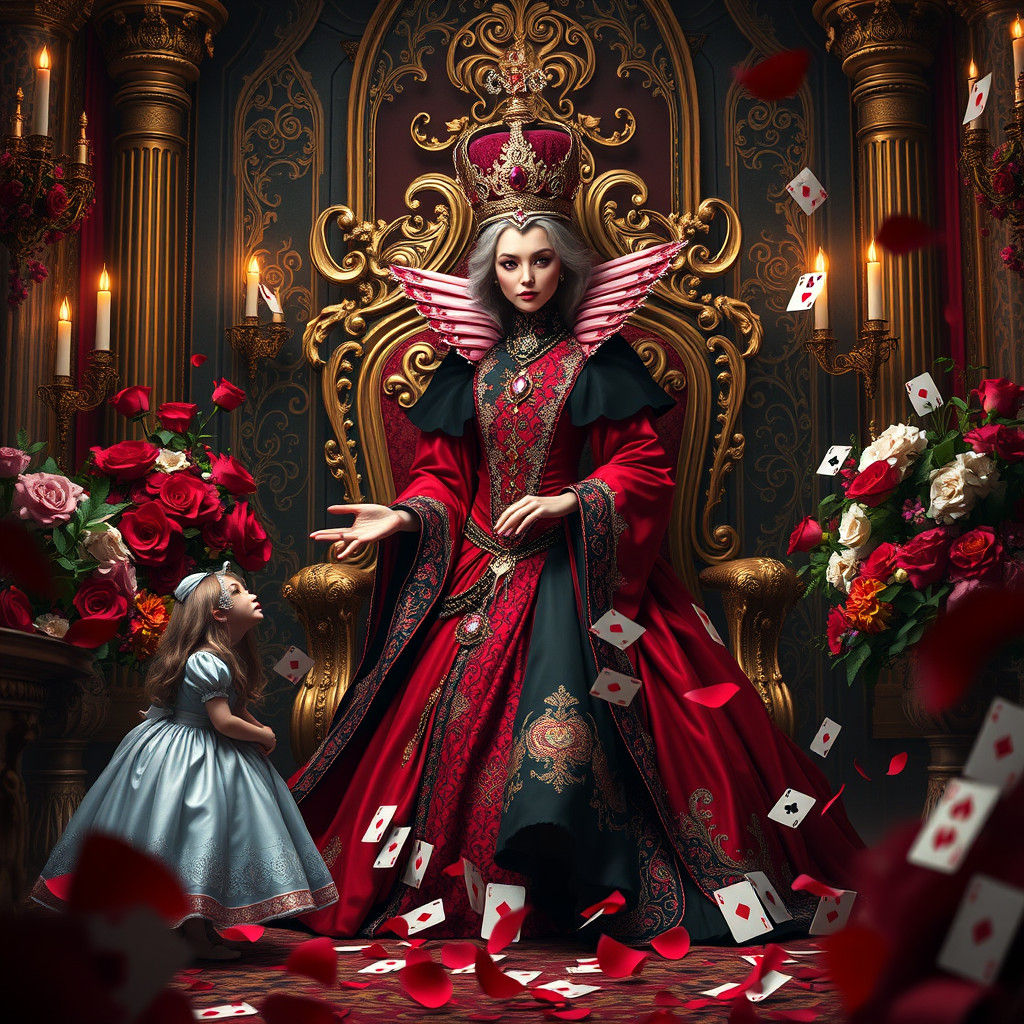 Alice and the Queen of Hearts in Opulent Throne Room