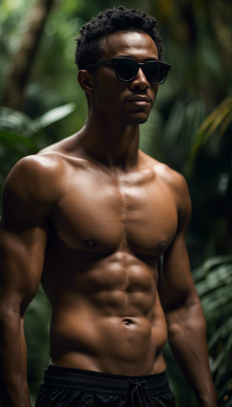 Shirtless Men in Jungle with Dreamlike Lighting