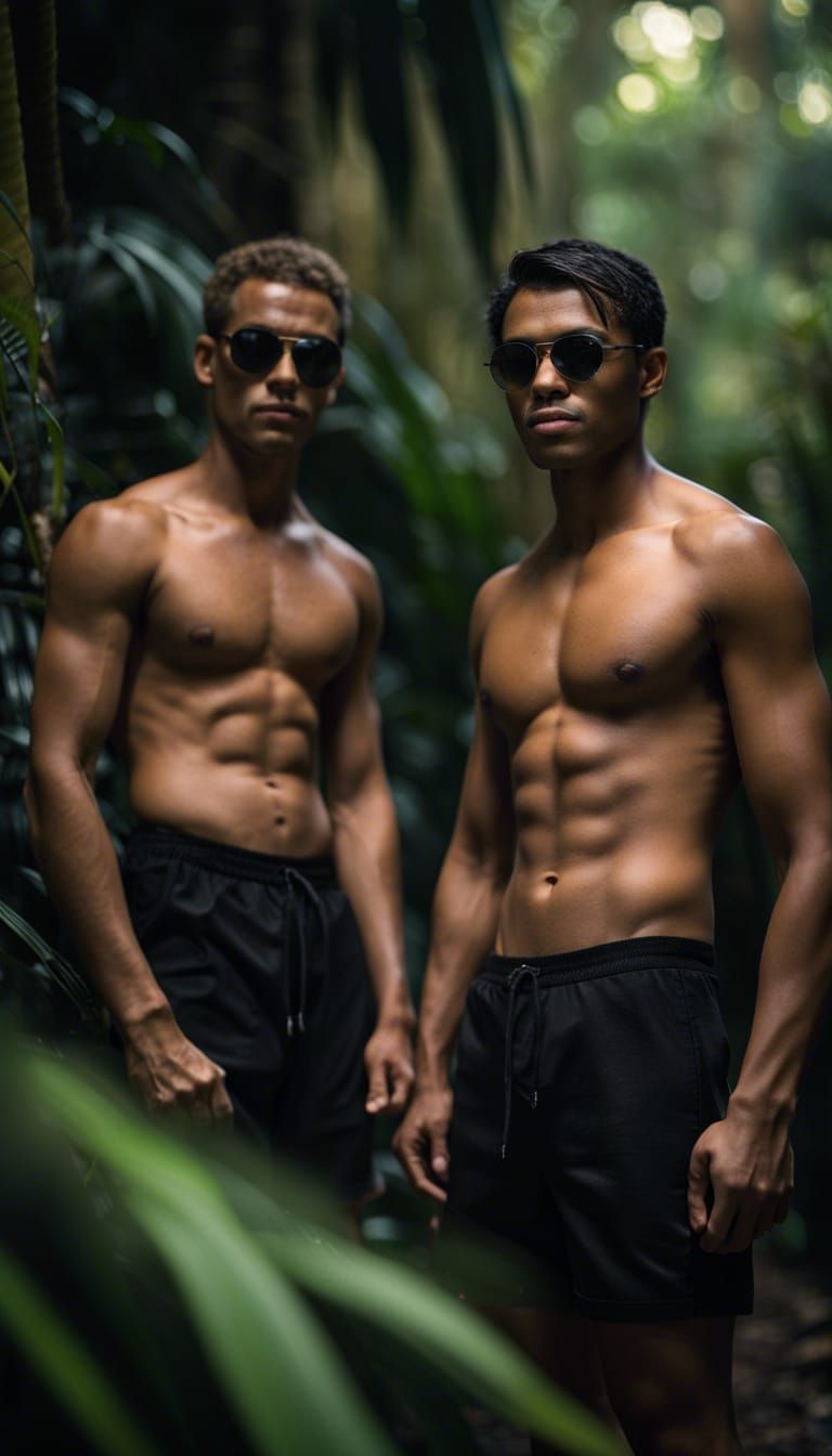 Shirtless Men in Jungle with Dreamlike Lighting
