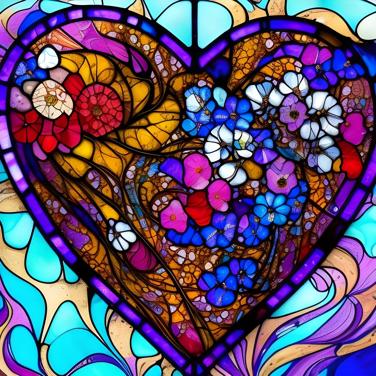 Floral Stained Glass Heart in Marbling Style