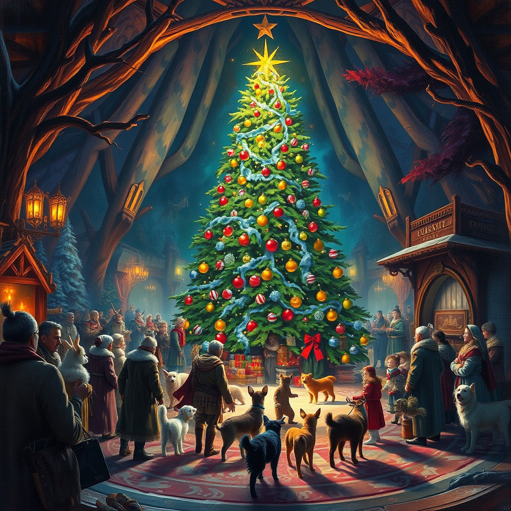 Vibrant Oil Painting of People and Animals Around a Majestic...