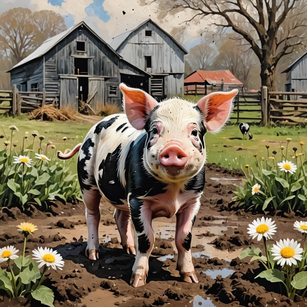Smiling Piglet in Farmyard, Abstract Art