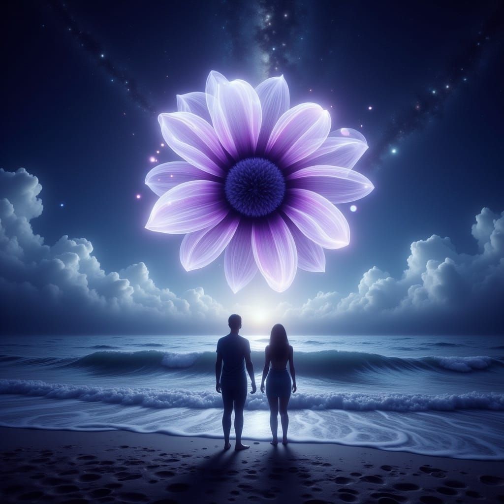 Ethereal Ocean Landscape with Glowing Sphere and Silhouetted...