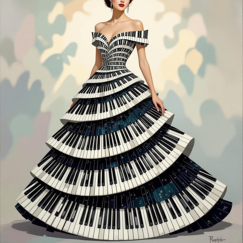 Woman in Intricate Piano Key Dress, Gouache Painting Style