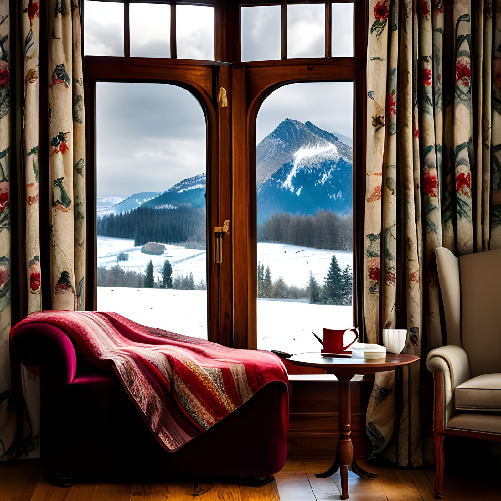 Vintage Room with Settee, Quilt, and Winter View