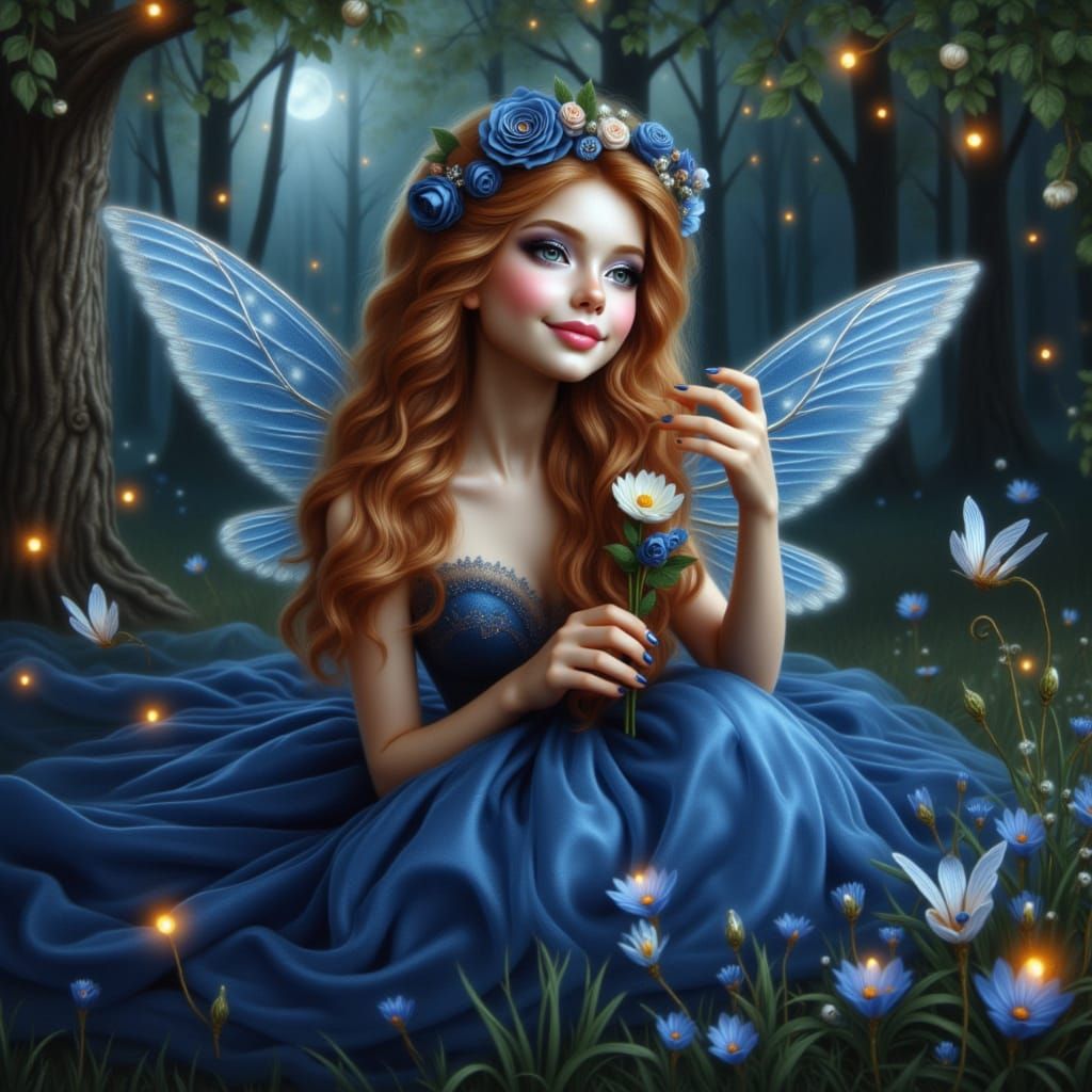 Little fairy with a mischievous and smile, Long medium blond and golden hazel eyes Large crystal wings. vintage Victoria...