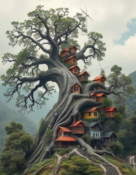 Solarpunk Tree with Homes and Solar Panels