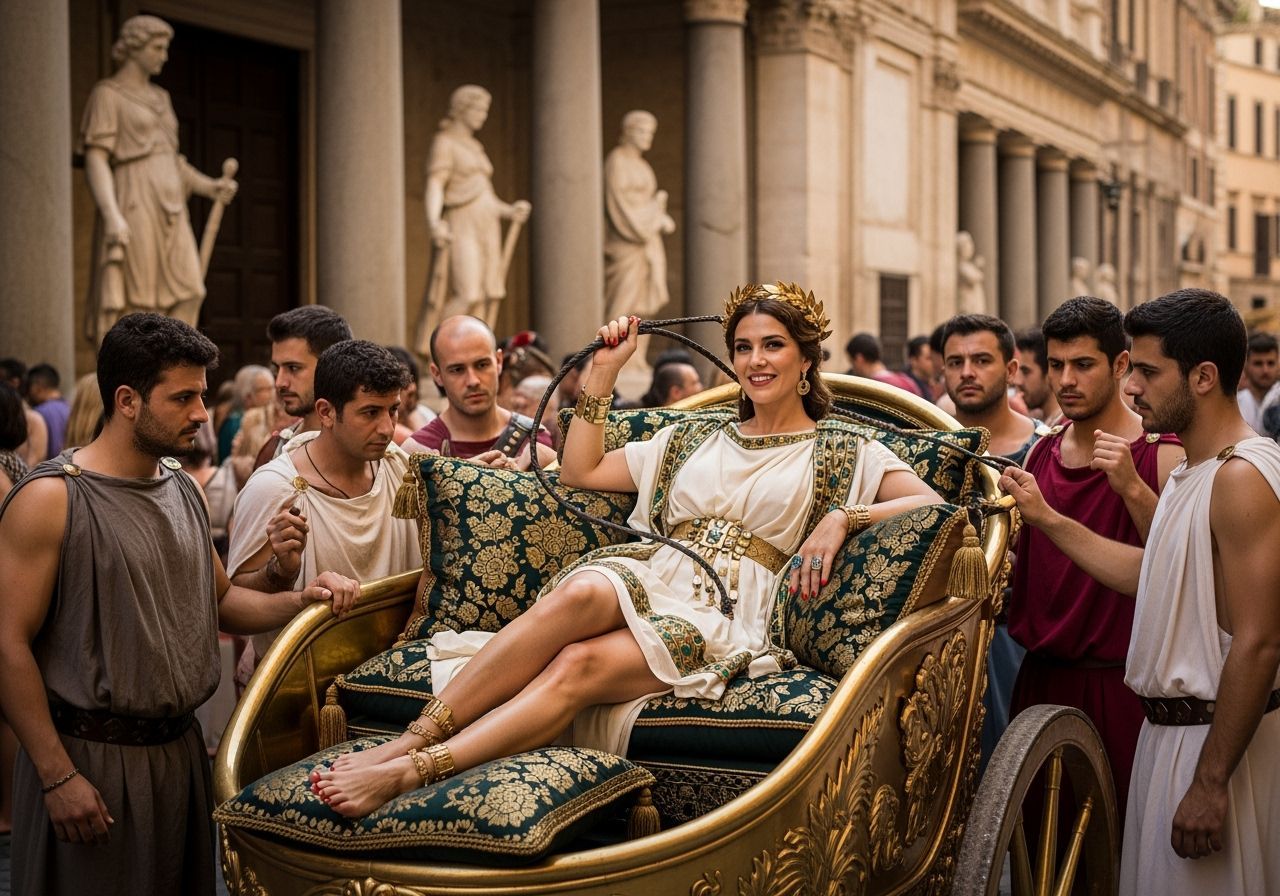 Regal Roman Empress in Gold Chariot, Classical Style