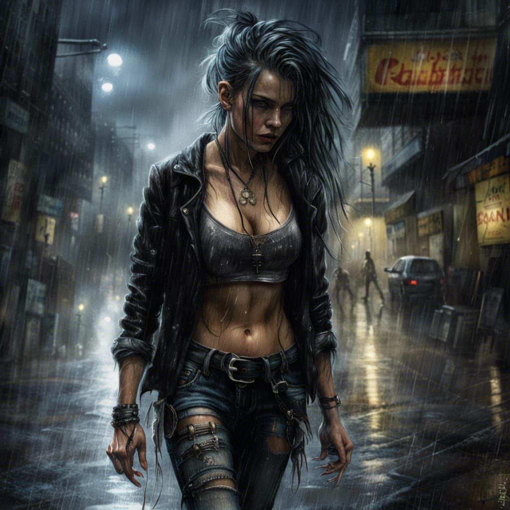 Punk Woman Walking in Rainy City at Night