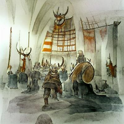 Viking Great Hall in Ink and Wash Style