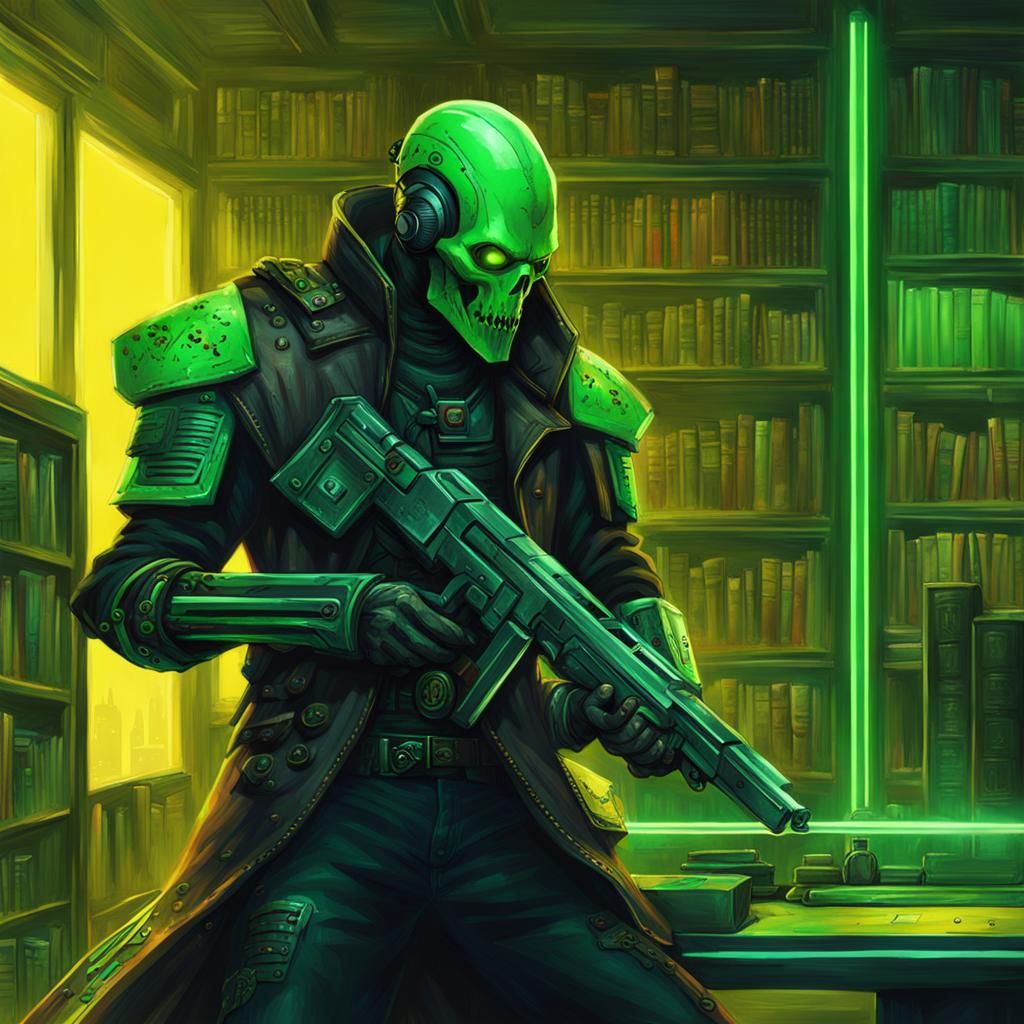 Necron Librarian in Cyberpunk Cityscape