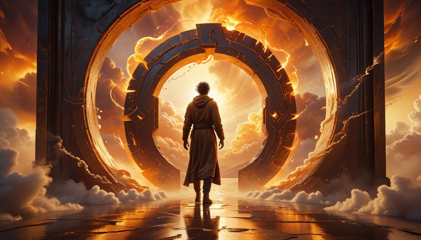 Surreal Figure Before Glowing Portals
