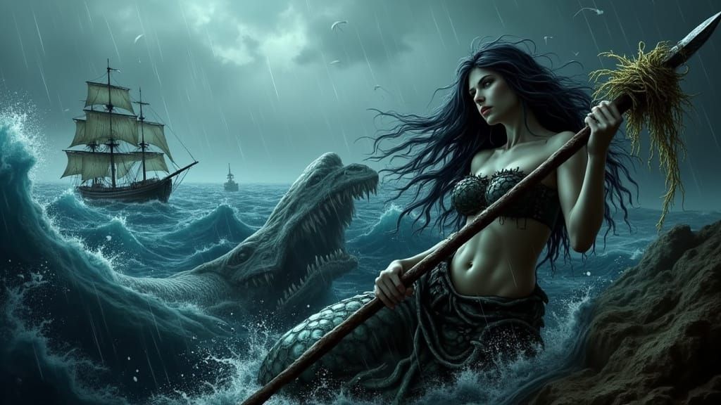 Sinister Mermaid in a Dark, Ominous Seaside Scene