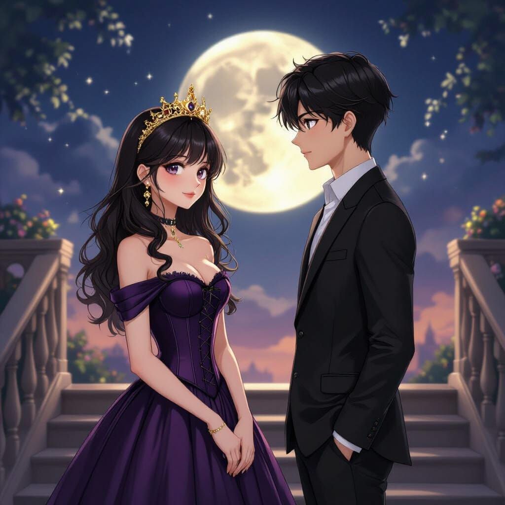 Girl and Fox in Corset Dress with Golden Crown