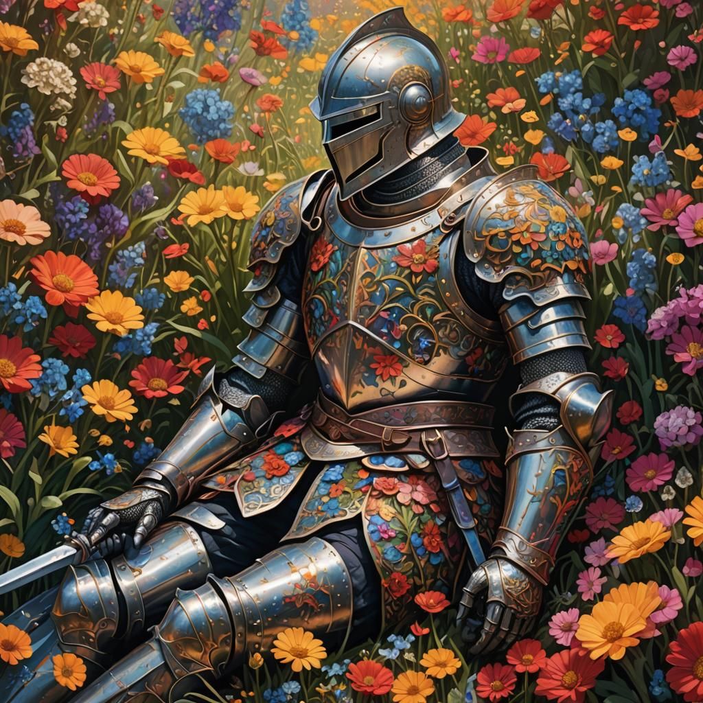 Knight Asleep in Flower Field: Detailed Matte Painting