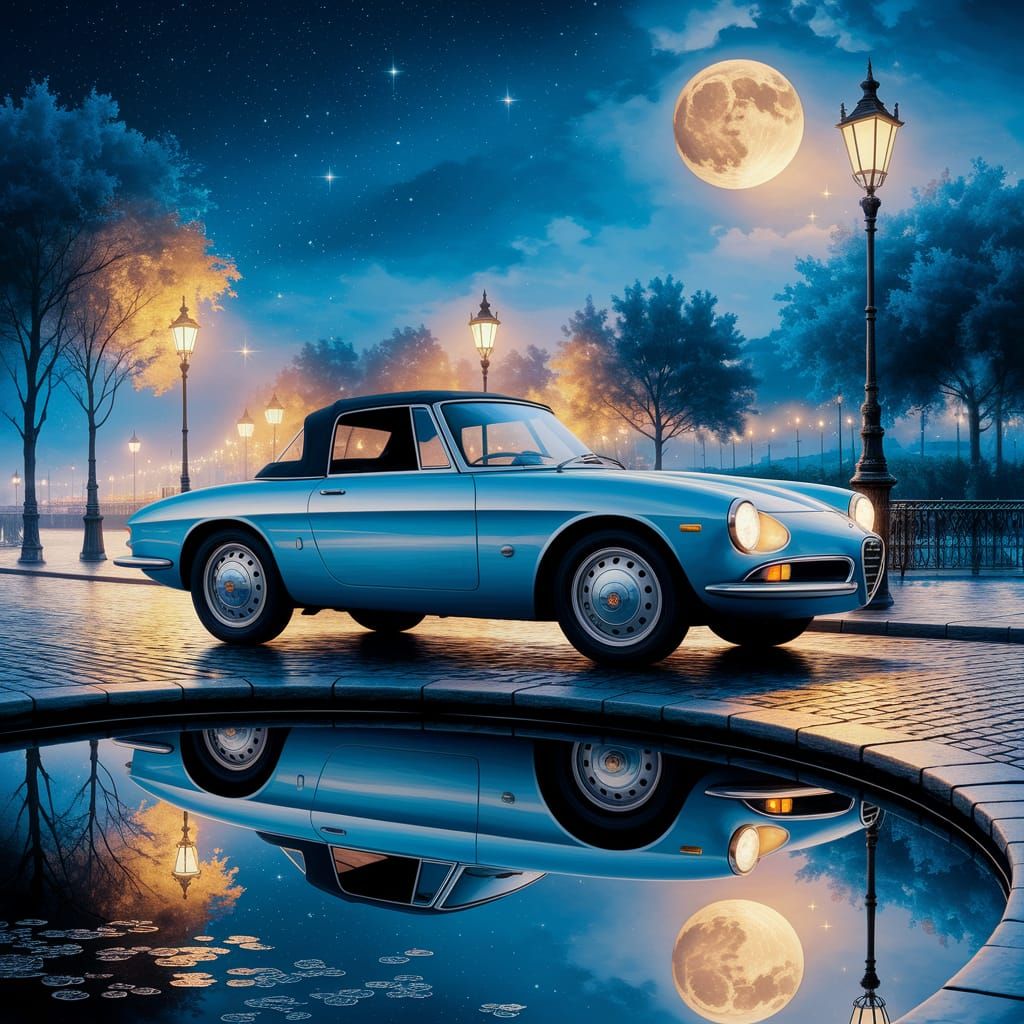 Masterful Watercolor of Alfa Romeo Spider under Moonlight