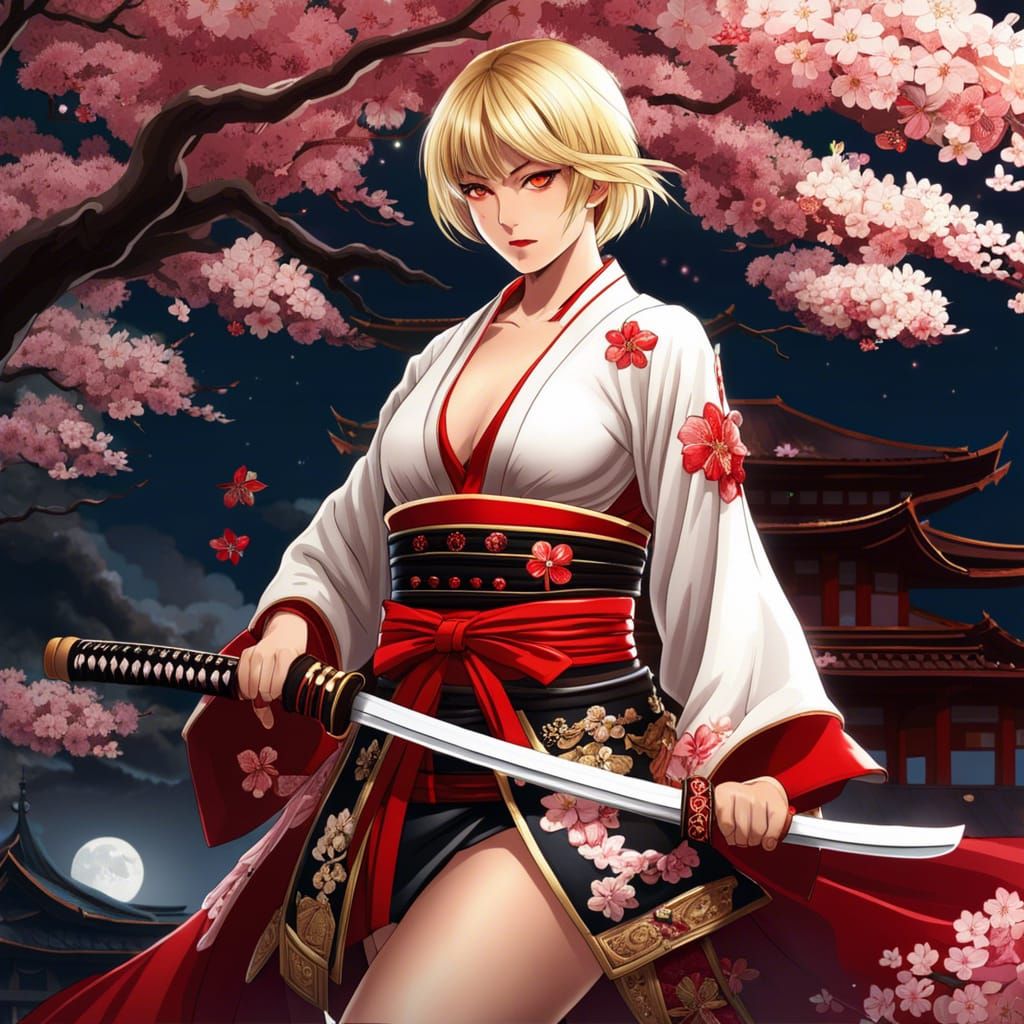 Anime Samurai Woman with Katana in Moonlight