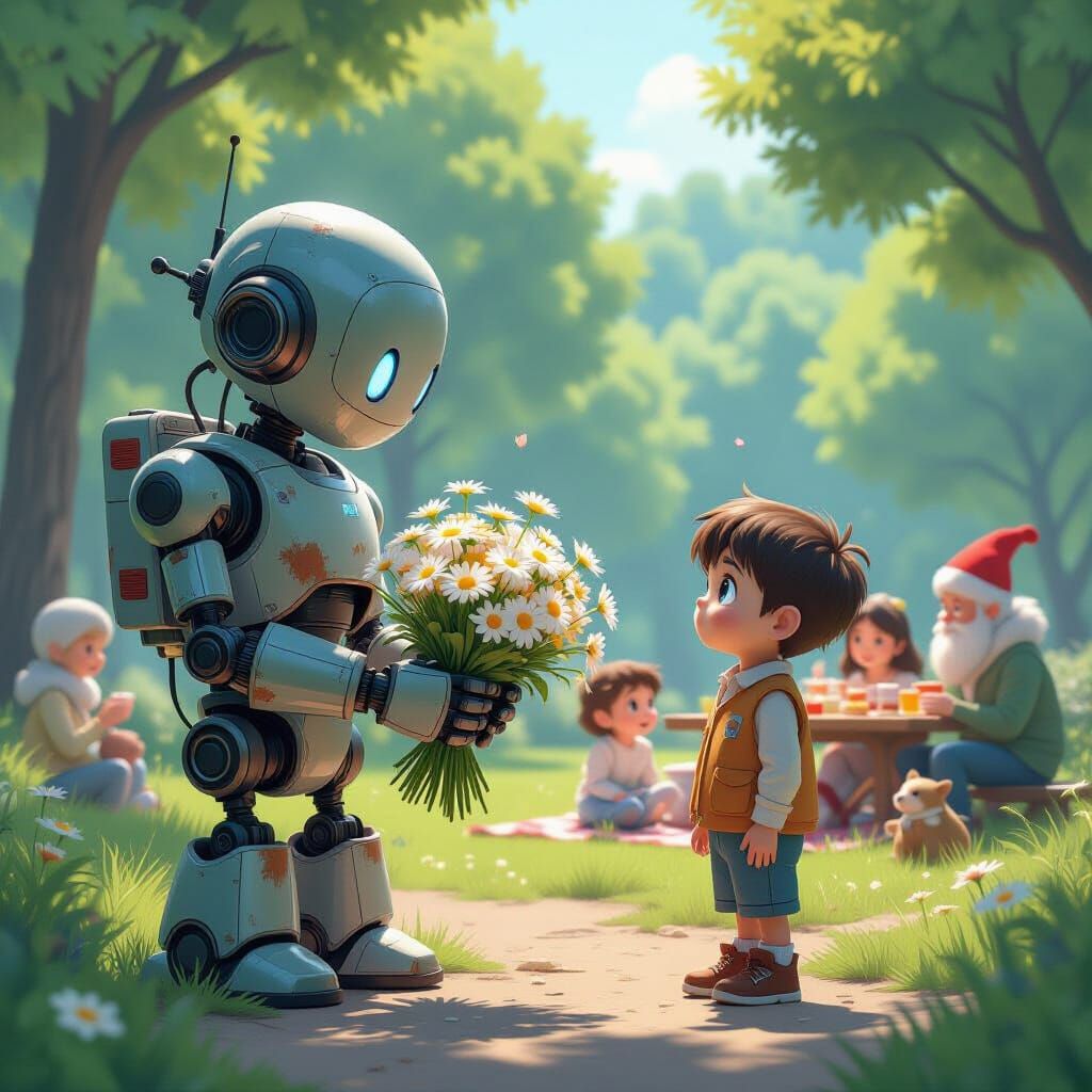 Robot Gives Flowers to Boy in Futuristic Park