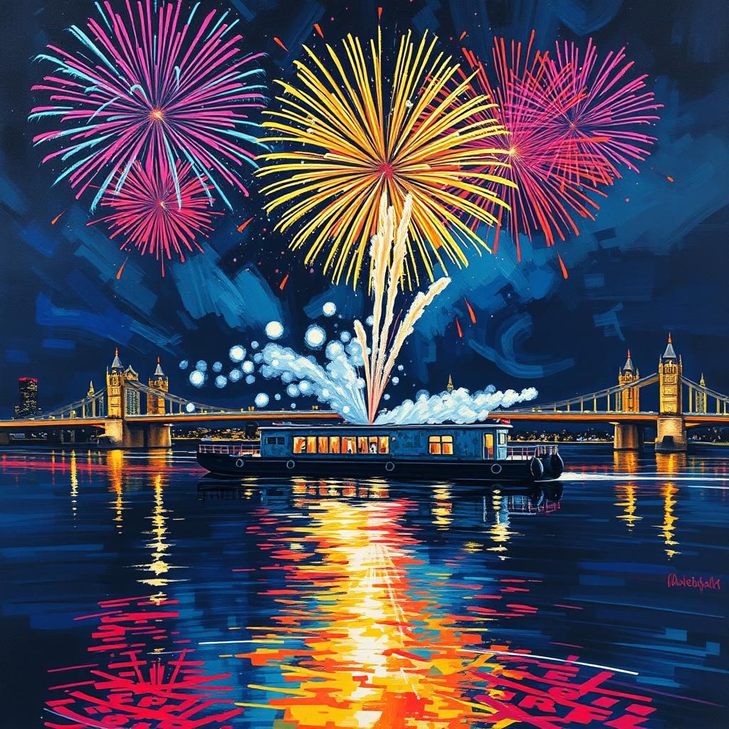 Fireworks Reflect in River: Polychromatic Street Art