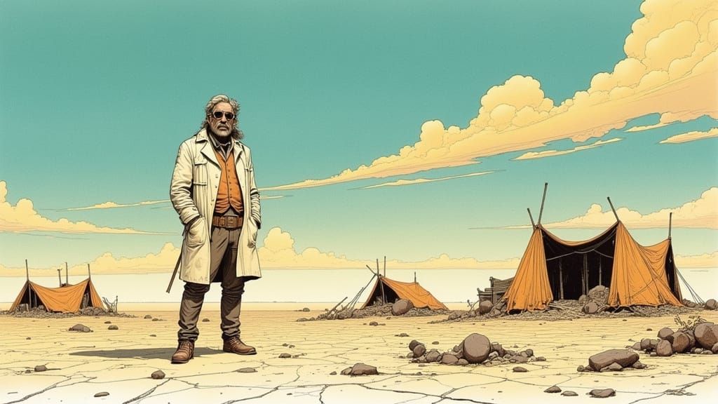 Whimsical Scientist in Ruined Camp, Rackham Style